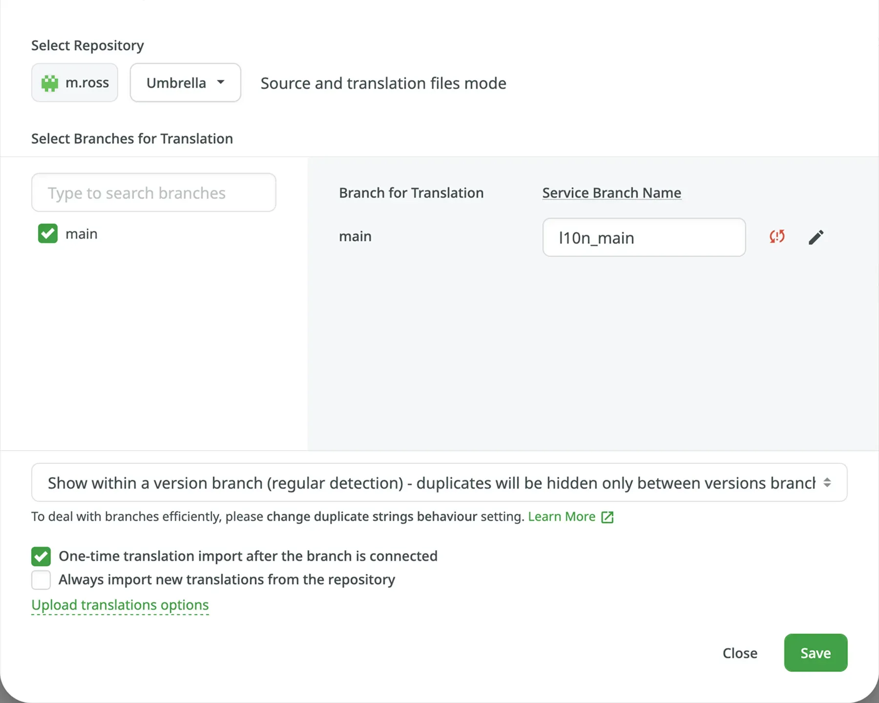 Crowdin integration UI showing branch selection
